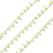 Round Glass Beaded Chains, Faceted, Unwelded, with Brass Curb Chains, Golden, Light Green, 3x1.8x1mm(CHS-P016-35G-02)