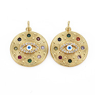 Brass Micro Pave Cubic Zirconia Pendants, Enamel, with Jump Rings, Nickel Free, Flat Round with Eye, Real 16K Gold Plated, 21x19x2.5mm, Jump Ring: 5x1mm, 3mm inner diameter(KK-Q252-081-NF)
