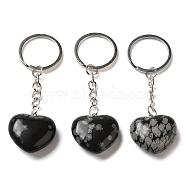 Natural Snowflake Obsidian Keychian, with Iron Rings, Heart, 8.3cm(KEYC-K020-01P)