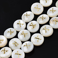 Natural Freshwater Shell Beads, with Golden Enamel, Horizontal Hole, Flat Round with Alphabet, Seashell Color, Letter.X, 8x3.5~4.5mm, Hole: 0.5mm, about 40pcs/strand, 12.20~12.60inch(31~32cm)(SHEL-S276-168X)