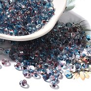 Transparent Baking Paint Glass Seed Beads, Two Tone, Fringe Teardrop Beads, Steel Blue, 5.5x4.5x3.5mm, Hole: 1.2mm, about 2812pcs/pound(SEED-P006-02B-07)