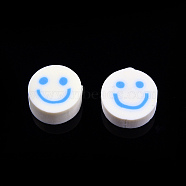 Handmade Polymer Clay Beads, Flat Round with Smiling Face, Light Sky Blue, 9~10x4mm, Hole: 1.2~1.6mm(CLAY-N011-64-03)