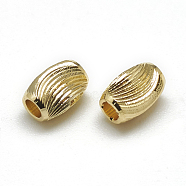 Brass Corrugated Beads, Barrel, Real 18K Gold Plated, 6x4mm, Hole: 1mm(KK-T032-186G)