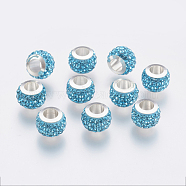 304 Stainless Steel European Beads, with Polymer Clay Rhinestone, Large Hole Beads, Rondelle, Aquamarine, 11x7.5mm, Hole: 5mm(CPDL-E045-A04)