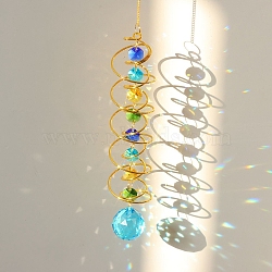 K9 Glass Teardrop Suncatchers, Iron Spiral Wire Wrap Hanging Ornaments Home Garden Decoration, Cyan, 450mm(PW-WG63241-04)