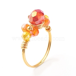 Electroplate Faceted Glass Beads Finger Ring, Real 18K Gold Plated Copper Wire Wrap Ring for Girl Women, Orange, US Size 8(18.1mm)(X1-RJEW-TA00014-01)