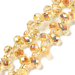 Electroplate Transparent Glass Beads Strands, Half Rainbow Plated, Faceted Teardrop, Top Drilled, Gold, 6x4mm, Hole: 0.8mm, about 97~102pcs/strand, 10.63''~14.80''(27~37.6cm)(EGLA-P052-01A-HP01)
