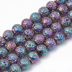 Electroplated Natural Lava Rock Beads Strands, Round, Bumpy, Colorful, 8~8.5mm, Hole: 1mm, about 46pcs/strand, 14.5 inch(G-T098-01C-01)
