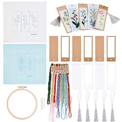 DIY Flower Pattern Paper Bookmark Embroidery Making Kits, including Fabric, Cotton Threads, Needle, Paper Craft Cards, Tassel Pendant Decoration and Embroidery Hoop, Mixed Color, Fabric: 267x267~270x0.3mm(DIY-WH0304-311)