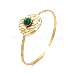 304 Stainless Steel Open Cuff Bangles, with Synthetic Malachite, Jewely Textured Bangles for Women, Real 18K Gold Plated, Round, Inner Diameter: 2-1/4x1-7/8 inch(5.6x4.9cm)(BJEW-K230-02E-G)