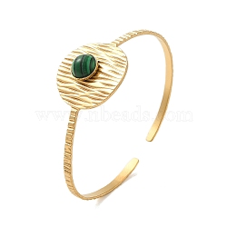 304 Stainless Steel Open Cuff Bangles, with Synthetic Malachite, Jewelry Textured Bangles for Women, Real 18K Gold Plated, Round, Inner Diameter: 2-1/4x1-7/8 inch(5.6x4.9cm)(BJEW-K230-02E-G)