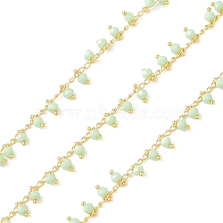 Round Glass Beaded Chains, Faceted, Unwelded, with Brass Curb Chains, Golden, Light Green, 3x1.8x1mm(CHS-P016-35G-02)