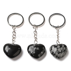 Natural Snowflake Obsidian Keychian, with Iron Rings, Heart, 8.3cm(KEYC-K020-01P)