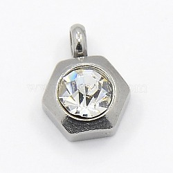 201 Stainless Steel Rhinestone Hexagon Charm Pendants, Grade A, Faceted, Crystal, 9x7x4mm, Hole: 1mm(RB-M030-02J)