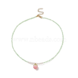 Resin Flower Bud Pendant Necklaces, Glass & ABS Plastic Imitation Pearl Bead Beaded Choker Necklace with 304 Stainless Steel Lobster Claw Clasps & Extender Chain, for Women, Pink, 15 inch(38cm)(NJEW-JN04153)