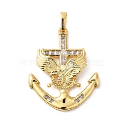 Rack Plating Brass Micro Pave Cubic Zirconia Pendants, Cadmium Free & Lead Free, Long-Lasting Plated, Anchor with Eagle, Real 18K Gold Plated, 36x28.5x5mm, Hole: 7x4mm(KK-P241-28G)