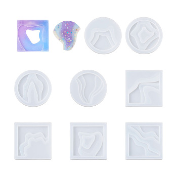 Boutigem 8Pcs 8 Style Cup Mat Silicone Molds, Resin Casting Molds, For UV Resin, Epoxy Resin Craft Making, Square & Flat Round, White, 1pc/style