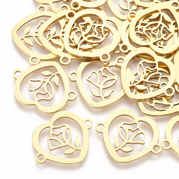 201 Stainless Steel Links connectors, Laser Cut Links, Heart with Flower, Golden, 15.5x19.5x1mm, Hole: 1.8mm