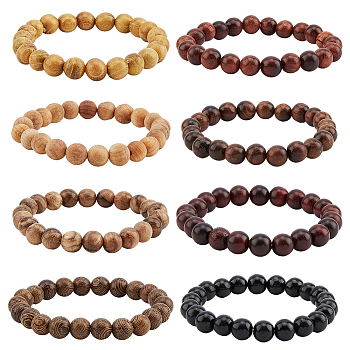 8Pcs 8 Colors Natural Sandalwood Round Beaded Stretch Bracelets Set for Men Women, Mixed Color, Inner Diameter: 2 inch(5.15cm), Beads: 8.5mm, 1Pc/color