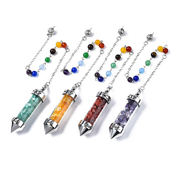 Natural & Synthetic Gemstone Pointed Dowsing Pendulums, with Glass Container and Platinum Alloy & Iron Findings, Bullet with LOVE, 275mm
