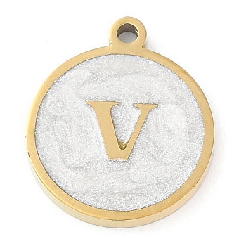 Ion Plating(IP) 201 Stainless Steel Pendants, with White Enamel, Real 18K Gold Plated, Flat Round with Letter, Letter V, 18.5x15.5x2mm, Hole: 1.6mm