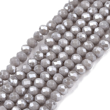 Electroplate Glass Beads Strands, Pearl Luster Plated, Faceted, Rondelle, Dark Gray, 2.3~2.7x2mm, Hole: 0.4mm, about 150~155pcs/strand, 32~33cm