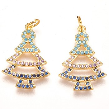 Brass Micro Pave Cubic Zirconia Pendants, Christmas Tree, Colorful, Golden, 22x15x2mm, Hole: 3mm