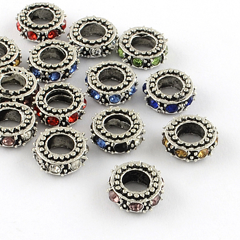 Antique Silver Plated Alloy Rhinestone Donut Large Hole European Beads, Mixed Color, 11x4.5mm, Hole: 5mm