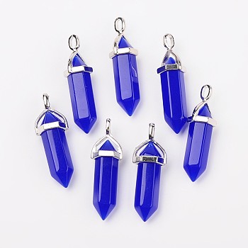Bullet Imitation Jade Glass Pointed Pendants, with Alloy Findings, Mauve, 39x12mm, Hole: 3x4mm
