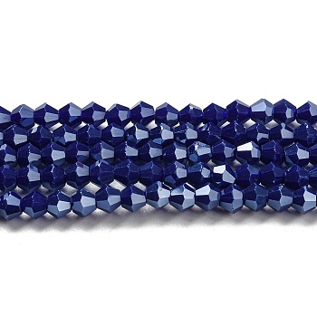 Opaque Solid Color Electroplate Glass Beads Strands, Pearl Luster Plated, Faceted, Bicone, Dark Blue, 4x4mm, Hole: 0.8mm, about 87~98pcs/strand, 12.76~14.61 inch(32.4~37.1cm)