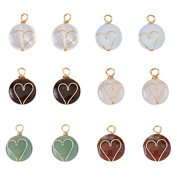 12Pcs 6 Styles Natural & Synthetic Mixed Stones Copper Wire Wrapped Pendants, Natural Red Rainbow Jasper & Quartz Crystal & Green Aventurine & Rose Quartz & Tiger Eye, Opalite, Flat Round Charm with Heart, Real 18K Gold Plated, 22x16x5.5mm, Hole: 3~4.5mm, 2pcs/style