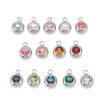 304 Stainless Steel Pendants, with K9 Rhinestone, Flat Round, Mixed Color, 14x10x6mm, Hole: 2.5mm