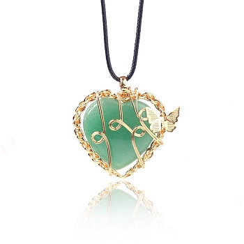 Natural Green Aventurine Metal Wire Wrapped Heart Pendants, Golden Plated Butterfly Charms, 42x37mm