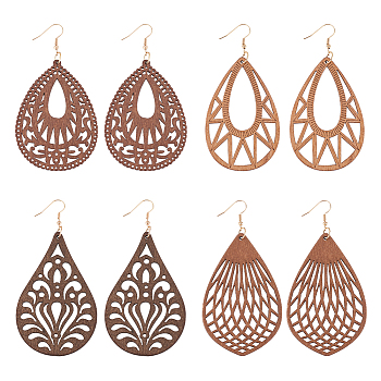 4 Pairs 4 Styles Natural Wood Hollow Out Teardrop Dangle Earrings, Iron Jewelry for Women, Mixed Color, 92~101mm, Pin: 0.8mm, 1 Pair/style