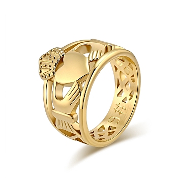 Titanium Steel Hollow Finger Rings for Men Women, Heart Crown Claddagh Ring, Golden, US Size 9 3/4(19.5mm)