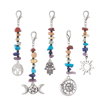 Gemstone & Glass Seed Bead Keychains, Alloy Sun/Hamsa Hand/Tree of Life Charms, Lobster Clasp Charm, Mixed Shapes, 80~92mm