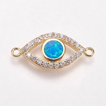 Brass Micro Pave Cubic Zirconia Links, with Synthetic Opal, Eye, Golden, Blue, 9x20x3mm, Hole: 1mm