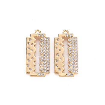 Brass Micro Pave Clear Cubic Zirconia Pendants, Nickel Free, Blade Shape, Real 18K Gold Plated, 32x15x3.5mm, Hole: 1.8mm