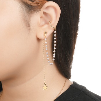 Cuff Earrings, Stud Earrings, with Brass Cable Chains, ABS Plastic Imitation Pearl, 304 Stainless Steel Charms and Ear Nut, Star, Real 18K Gold Plated, 79~125mm, Pin: 0.8mm