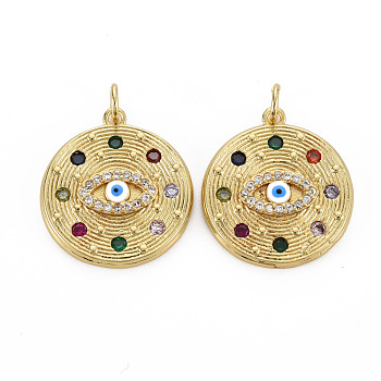 Brass Micro Pave Cubic Zirconia Pendants, Enamel, with Jump Rings, Nickel Free, Flat Round with Eye, Real 16K Gold Plated, 21x19x2.5mm, Jump Ring: 5x1mm, 3mm inner diameter