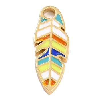 Golden Plated Brass Enamel Pendants, Long-Lasting Plated, Feather, Colorful, 23.5x8.8x1.8mm, Hole: 2.7mm