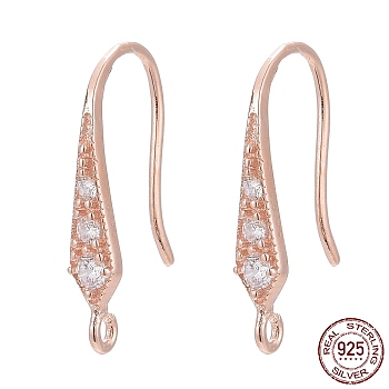 925 Sterling Silver, with Micro Pave Cubic Zirconia Earring Hooks, with 925 Stamp, Rose Gold, 17x3mm, Hole: 1mm, 20 Gauge, Pin: 0.8mm