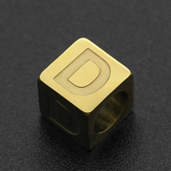 201 Stainless Steel European Beads, Large Hole Beads, Horizontal Hole, Cube, Golden, Letter.D, 7x7x7mm, Hole: 5mm