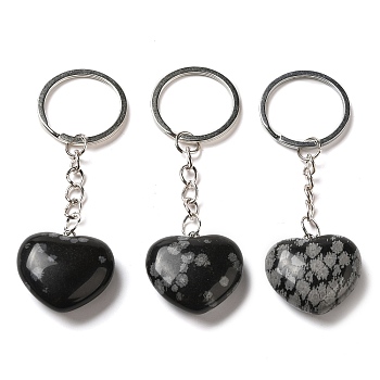 Natural Snowflake Obsidian Keychian, with Iron Rings, Heart, 8.3cm