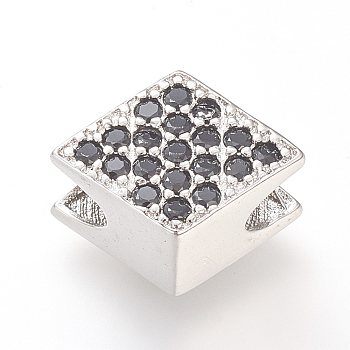 Brass Micro Pave Cubic Zirconia Beads, Rhombus, Platinum, 17x13x11mm, Hole: 6mm, side length: 10.5mm