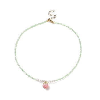 Resin Flower Bud Pendant Necklaces, Glass & ABS Plastic Imitation Pearl Bead Beaded Choker Necklace with 304 Stainless Steel Lobster Claw Clasps & Extender Chain, for Women, Pink, 15 inch(38cm)