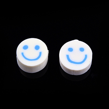 Handmade Polymer Clay Beads, Flat Round with Smiling Face, Light Sky Blue, 9~10x4mm, Hole: 1.2~1.6mm