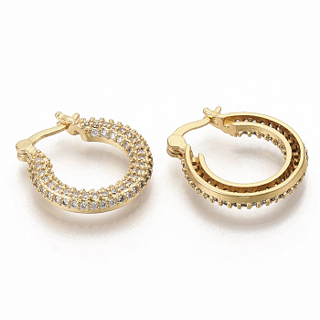 Brass Micro Pave Clear Cubic Zirconia Hoop Earrings, Real 16K Gold Plated, 19x3mm, Pin: 1x0.6mm