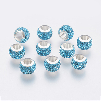 304 Stainless Steel European Beads, with Polymer Clay Rhinestone, Large Hole Beads, Rondelle, Aquamarine, 11x7.5mm, Hole: 5mm