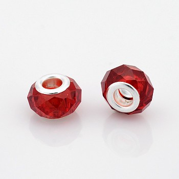 Faceted Glass European Beads, Large Hole Rondelle Beads, with Silver Color Plated Brass Cores, Red, 14x9mm, Hole: 5mm